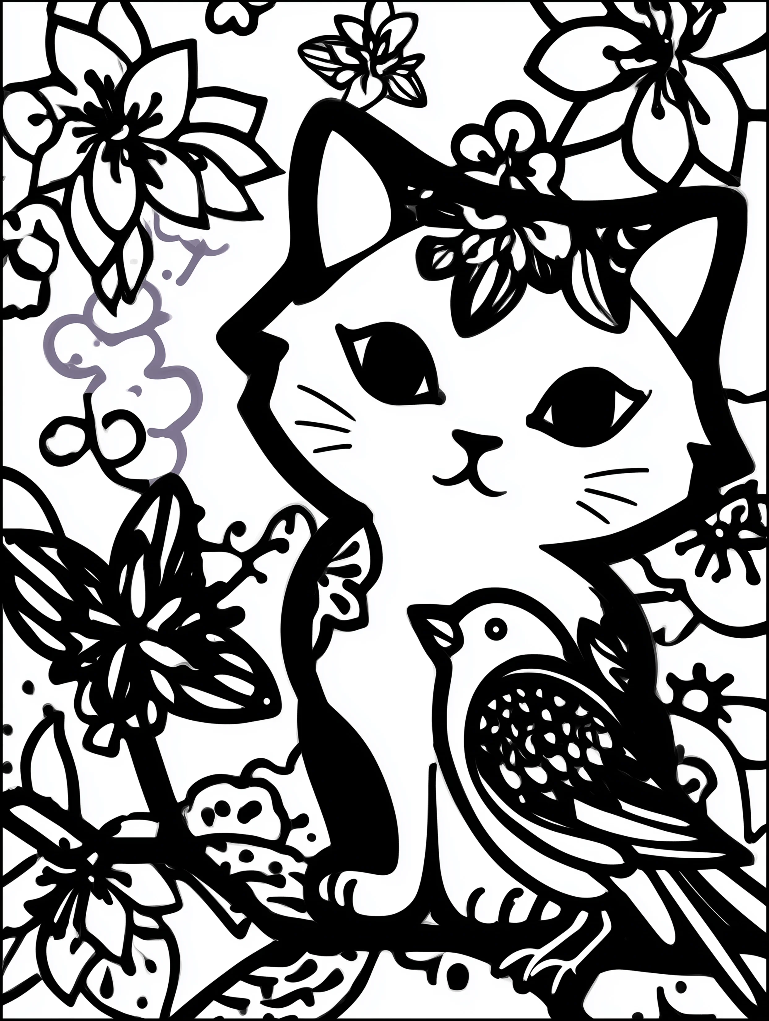 Free printable coloring page for adults featuring a cat and bird illustration